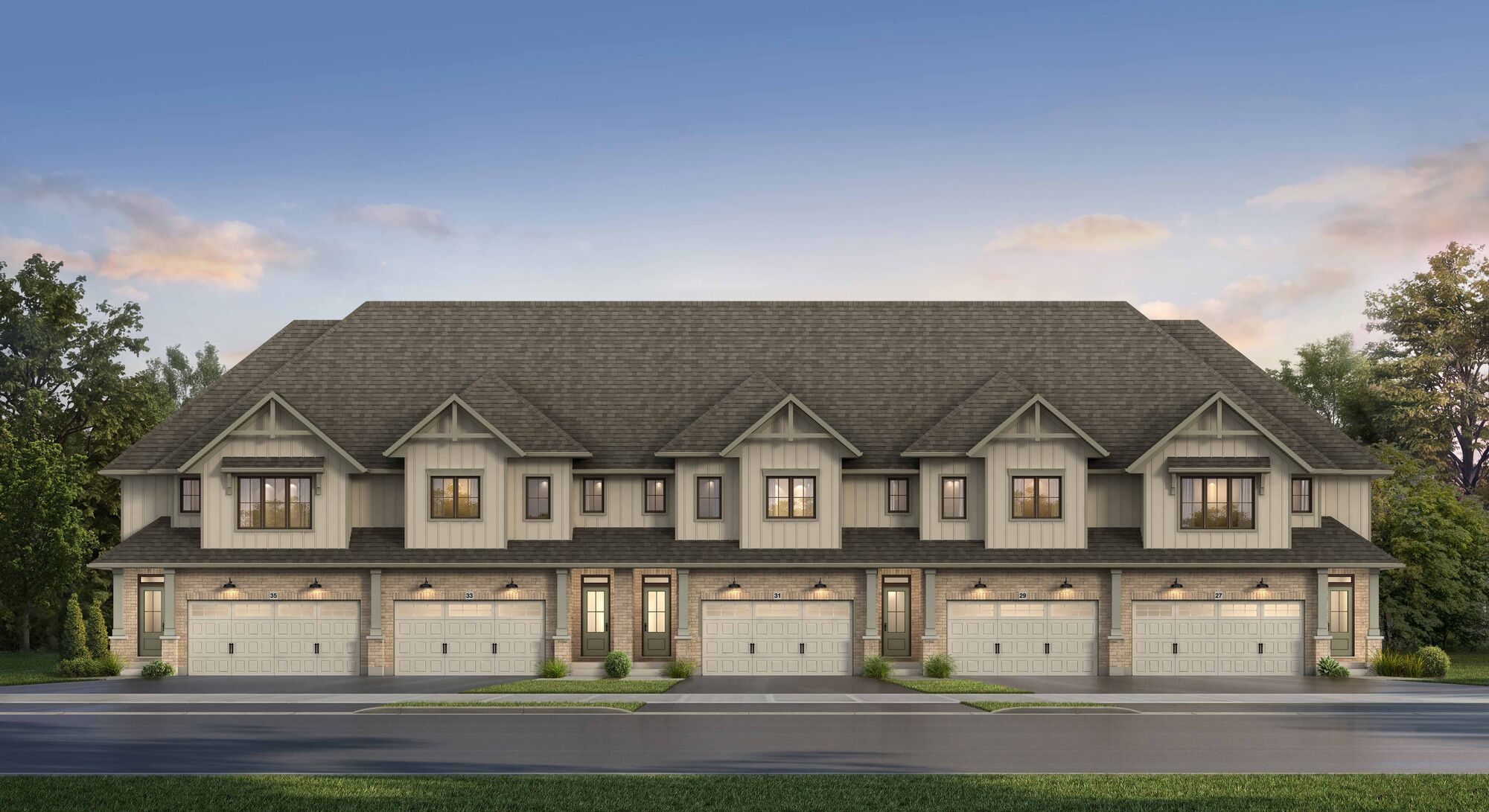 Hawthorne Park townhome block with light board-and-batten exterior