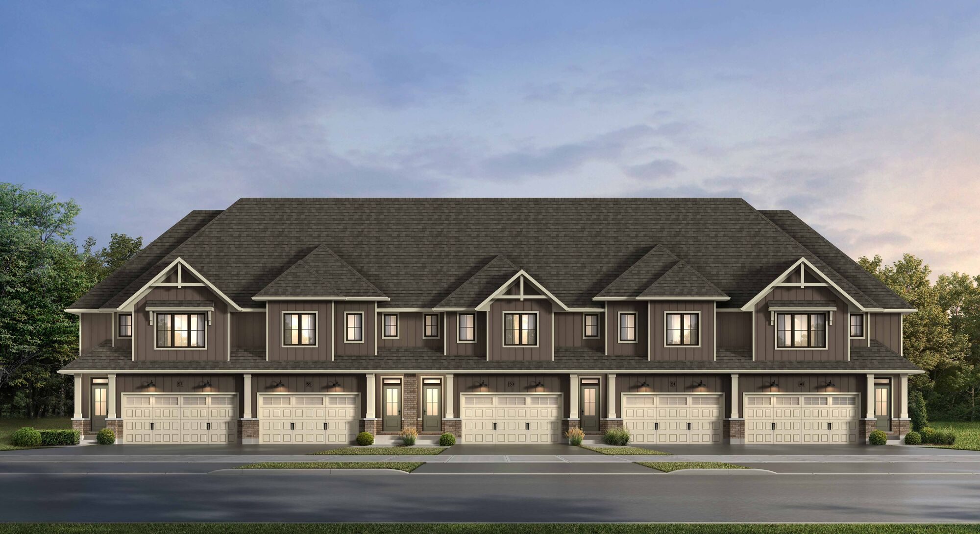 Hawthorne Park townhome block with warm brown exterior