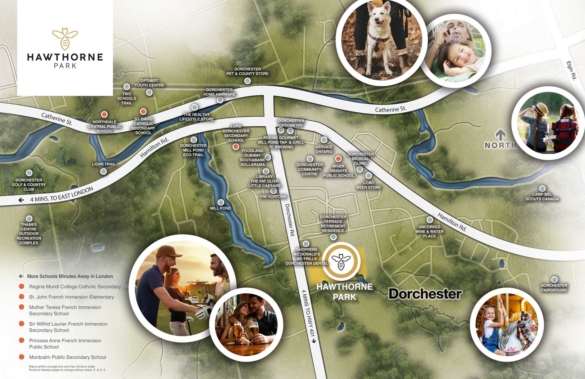 Map of Dorchester showing Hawthorne Park, schools, shops and trails